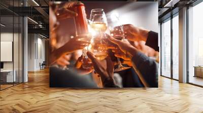 Cheerful friends clinking glasses above dinner table. Alcohol and toasting, party and celebration theme. Congratulations on the event. Wall mural