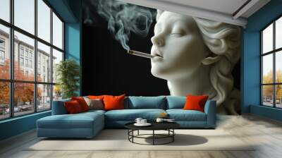 Classic Greek statue smoking. Modern minimal art concept. Addiction. Relaxed Greek goddess statue smoking a cigarette. Marijuana, legalization of cannabis Wall mural