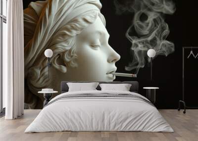 Classic Greek statue smoking. Modern minimal art concept. Smoking addiction. Relaxed Greek goddess statue smoking a cigarette. Marijuana, legalization of cannabis Wall mural