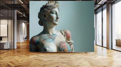 Classical greek goddess sculpture with modern hand drawn colorful tattoos. Heavily tattooed classic statue, modern art concept, tattoo shop promotion idea, copy space for text. Wall mural