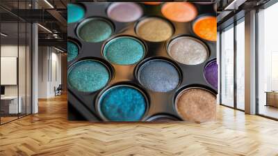 Closeup shot of eyeshadow, cosmetics, makeup. Professional eyeshadow palette. Eye shadow collection, make up theme Wall mural