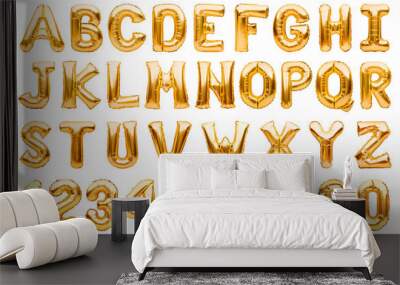 English alphabet and numbers made of golden inflatable helium balloons isolated on white. Gold foil balloon font, full alphabet set of upper case letters and numbers. Wall mural