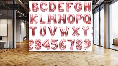 english alphabet and numbers made of pink golden inflatable helium balloons isolated on white. rose  Wall mural