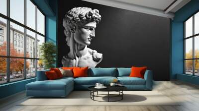 Gypsum statue of David's head, AI generated image, Michelangelo's David statue plaster copy on dark background. Ancient greek sculpture, statue of hero. Wall mural