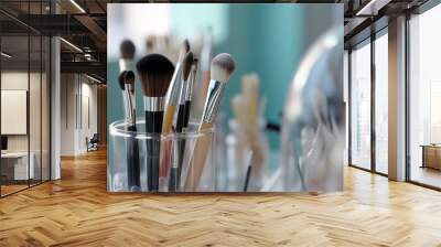 Makeup brushes in a glass. Clean professional makeup brushes set for make-up artist, cosmetics, make up theme. AI generated Wall mural