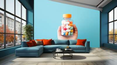 Medical pills in child's hands. Child holding bottle of pills. Keep away from children reach concept. Sick child with drugs. Danger at home. Childhood diseases, vitamins for children. AI generated Wall mural