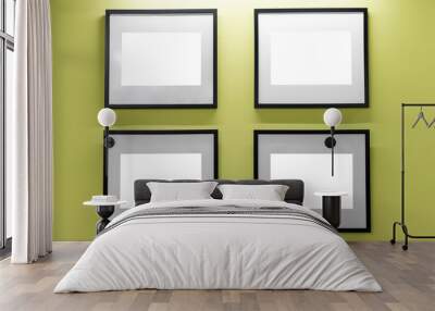 Mock up. Blank picture frames on yellow wall. Gallery wall with empty frames indoor. Wall mural