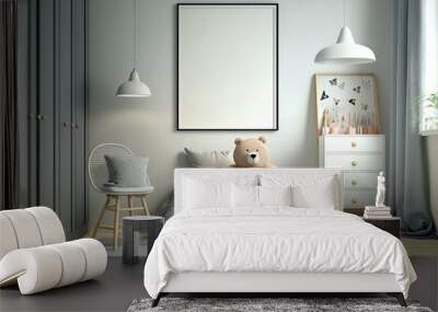 Modern minimalist nursery room in scandinavian style. Baby room interior in light colours, AI generated image Wall mural