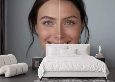 Professional teeth whitening and cleaning. Young smiling woman showing before and after results. Stomatology and dental clinic concept. Teeth bleaching advertising collage Wall mural