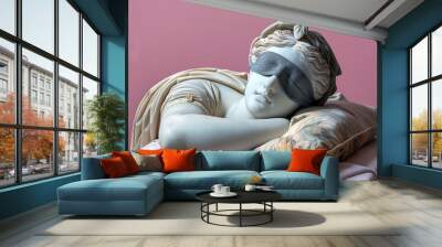 Statue of a Greek goddess with sleeping mask on eyes. World Sleep Day concept. Rest and relax, daydreaming, healthy sleep, lazy day off concept. Wearing sleeping mask, sleep bandage. Wall mural