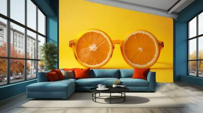 Sunglasses made of orange slices. Fresh sliced orange fruit in the shape of sunglasses. Summer, vacations, vitamins and fruits concept. Vegan diet, fashion, minimal creative summer layout. Wall mural