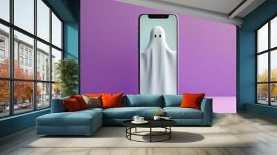 White ghost coming from smartphone. Phishing attack, unwanted advertising, suspicious account activity, ghosting, screen time increase minimalist concept. Happy Halloween postcard. AI generated image Wall mural