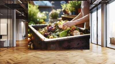 Woman composting food waste. Outdoor compost bin for reducing kitchen waste. Organic waste in garden composter, eco-friendly gardening, sustainability. Environmentally responsible, ecology Wall mural