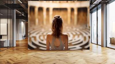 Woman lost in labyrinth. Troubled woman finding way out, Confused mind, problem of searching the way, thinking, finding the maze solution concept. Solving puzzle. AI generated Wall mural