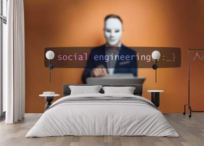 Cybersecurity concept social engineering on foreground screen, hacker silhouette hidden with low poly mask. Vulnerability and attack on colored code editor. Text in English, English text Wall mural