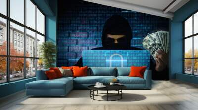 Computer hacker trying to accessing information privacy of the companies and showing money income from robberies Wall mural