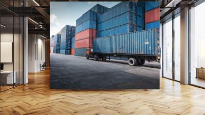 Container Cargo Port Ship Yard Storage Handling of Logistic Transportation Industry. Row of Stacking Containers of Freight Import/Export Distribution Warehouse. Shipping Logistics Transport Industrial Wall mural