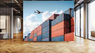 Container Cargo Port Ship Yard Storage Handling of Logistic Transportation Industry. Row of Stacking Containers of Freight Import/Export Distribution Warehouse. Shipping Logistics Transport Industrial Wall mural