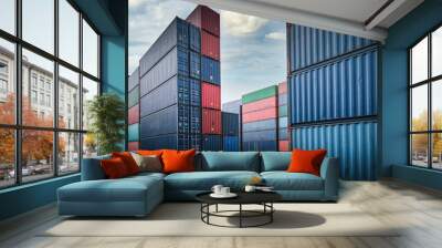 Container Cargo Port Ship Yard Storage Handling of Logistic Transportation Industry. Row of Stacking Containers of Freight Import/Export Distribution Warehouse. Shipping Logistics Transport Industrial Wall mural