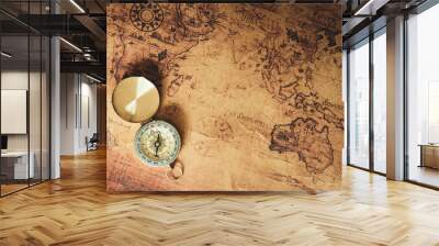 Navigator explore journey with compass and world map., Travel destination and planning vacation trip., Vintage concept. Wall mural