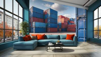 stack of containers cargo ship import/export in harbor port, cargo freight shipping of container log Wall mural