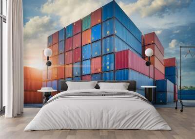 Stack of Containers Cargo Ship Import/Export in Harbor Port, Cargo Freight Shipping of Container Logistics Industry. Nautical Transport Distribution Yard, Business Commercial Dock and Transportation. Wall mural