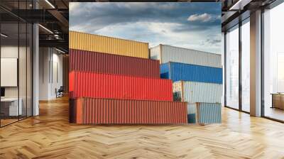 Stack of Containers Cargo Ship Import/Export in Harbor Port, Cargo Freight Shipping of Container Logistics Industry. Nautical Transport Distribution Yard, Business Commercial Dock and Transportation. Wall mural