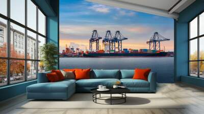 Transportation and Shipping Logistics Loading Dock Terminal., Container Import and Export of Sea Freight Transport Industrial., Landscape of Port Maritime and Harbor Cargo Shipyard With Crane Bridge. Wall mural