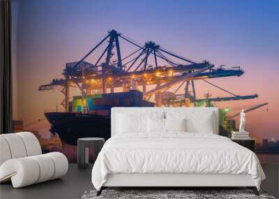 Transportation Industry and Shipping Logistics Loading Dock Port Terminal., Container Import and Export of Sea Freight Transport Industrial., Landscape of Port Maritime and Harbor Cargo Shipyard. Wall mural