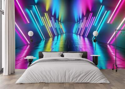 Abstract background with neon lights of green blue pink violet colors glowing in arrowhead lines pattern on shiny reflecting stage. Generative Ai Wall mural