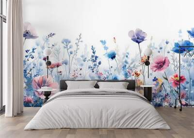 Beautiful horizontal mural with watercolor wild field flowers. Stock mural. Floral design. Generative Ai Wall mural