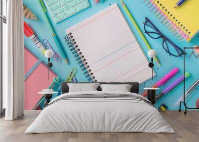 Embark on a learning adventure with this creative top view composition colorful collection of childish school supplies with blank notebook page for text or advertising. Generative Ai Wall mural