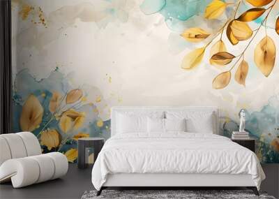 Luxurious golden wallpaper. Banner with white background blue and green watercolor stains. Golden cherry leaves wall art with shiny light texture. Modern art mural wallpaper. Generative Ai Wall mural