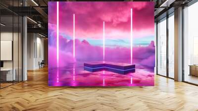 Natural beauty podium backdrop for product display with dreamy clouds and neon lights backdrop. Romantic 3d sea view scene. Generative Ai Wall mural