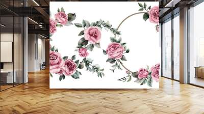 Wreaths, set floral frames, watercolor flowers pink roses, Illustrations hand painted. Isolated on white background. Perfectly for greeting card design. Generative Ai Wall mural