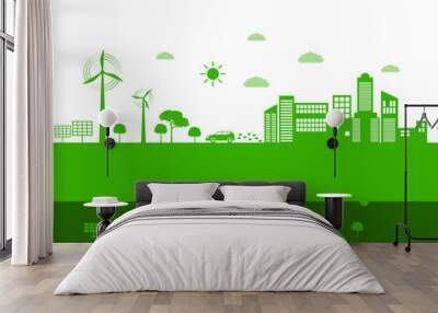 Global warming green earth world environmental day concept wind energy tree and clouds eco friendly  sustainable eco-system  green city illustration Wall mural