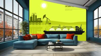 Oil and gas industry business Extraction, transportation of petroleum gasoline diesel, distribution and transportation. vector illustration derrick pump rig, fuel tanks in ocean. Wall mural