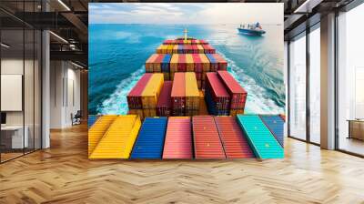 A close up of the top view of a container ship starting its journey from the port symbolizing the essence of global trade and logistics Wall mural