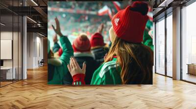 A crowd of football fans in green and white with red caps clapping their hands. Championship finals. Wall mural