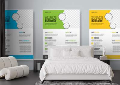 a bundle of 3 templates of different colors a4 flyer template, modern business flyer template, abstract business flyer and creative design, IT company flyer and editable vector template design Wall mural