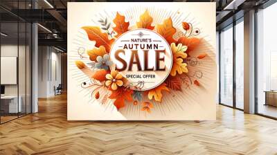 Autumn sale-banner template with autumn leaves and white background, text Natures special offer Wall mural