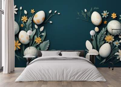 Easter eggs with a banner with a handwritten happy easter greeting on dark blue ground  Wall mural