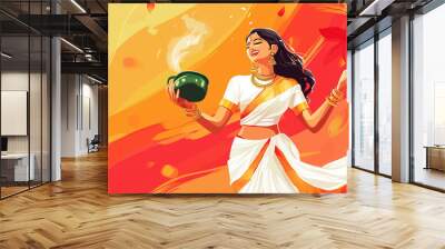 Happy Durga puja detailed vector illustration of an Indian woman in white saree holding blouse and throwing j exposition pot while smiling Wall mural