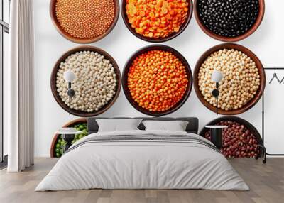 Colorful Legumes in Wooden Bowls on a transparent background Wall mural