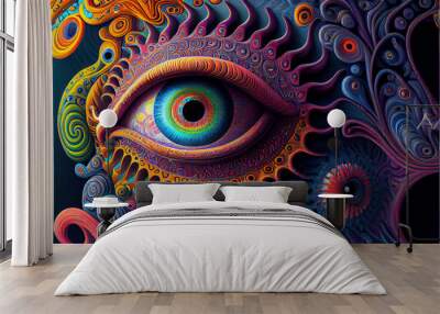 Goddess illustration of psychedelic art. The sun and face of goddess. Surreal art. Mythology illustration. Generative AI. Wall mural