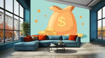 A cartoon money bag filled with euro coins represents income growth and financial savings. This is a common symbol for business and finance, signifying investment, payment, and cash back. Wall mural