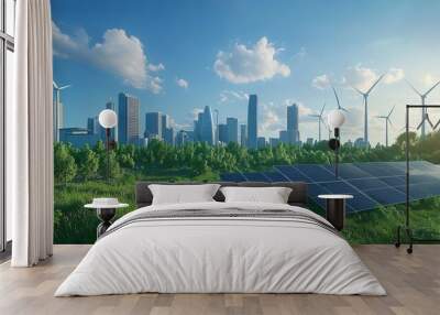 A clean energy future!  A 3D image showing wind turbines, solar panels, and a smart city.  This picture shows how we can use renewable energy to help the environment. Wall mural