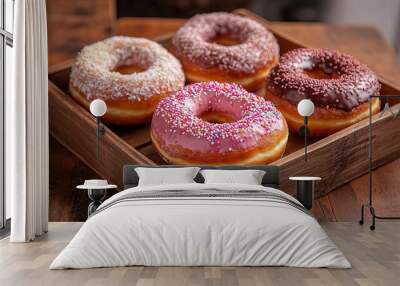 A close-up view of donuts on a wooden tray, celebrating National Donut Day. Wall mural