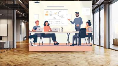 A manager leading a team meeting in a modern office setting. A group of managers brainstorming and planning a new business strategy around a conference table. Wall mural