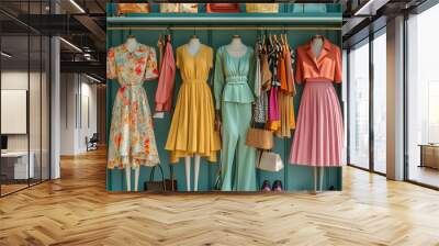 Design an image showcasing a chic fashion boutique with mannequins dressed in trendy seasonal outfits. Include a variety of clothing styles, from casual wear to formal attire, with accessories like sh Wall mural